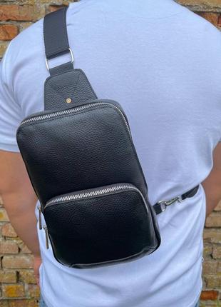 Мужской слинг из натуральной кожи, черная сумка через плечо, вместительная на два отделения2 фото