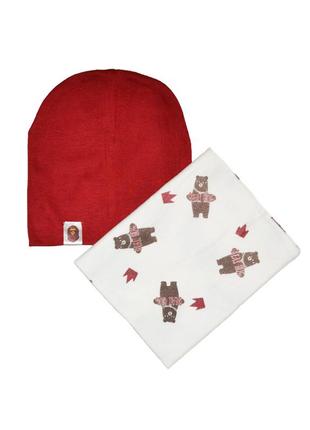 Набор (шапка, шарф-снуд) с медведями бордовый
