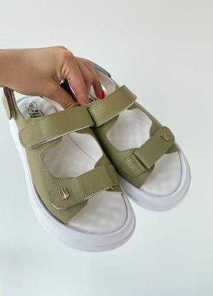 Босоножки (сандали) женские кожаные на липучках оливковые ( из натуральной кожи цвет олива) - женская обувь на лето 20222 фото