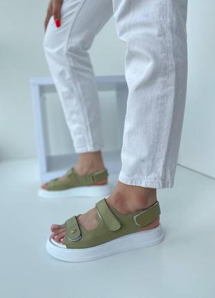 Босоножки (сандали) женские кожаные на липучках оливковые ( из натуральной кожи цвет олива) - женская обувь на лето 20225 фото