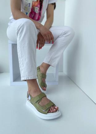Босоножки (сандали) женские кожаные на липучках оливковые ( из натуральной кожи цвет олива) - женская обувь на лето 20227 фото