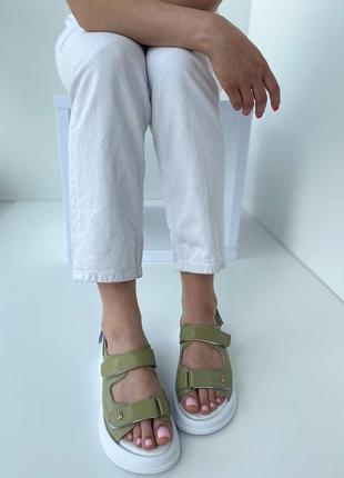 Босоножки (сандали) женские кожаные на липучках оливковые ( из натуральной кожи цвет олива) - женская обувь на лето 20228 фото