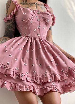 Летнее цветочное платье розовое с корсетным верхом7 фото