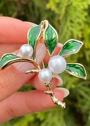 Позолочена брошка гілочка перлини медзолото позолоченная брошка веточка жемчуг подарок