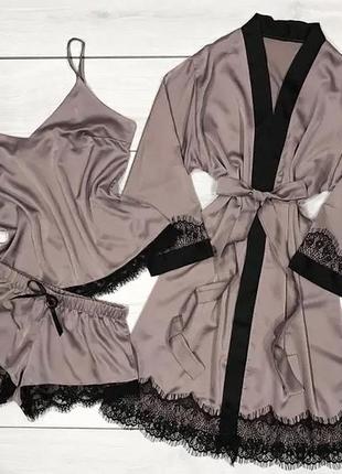 Шелковый комплект тройка халат и пижама.1 фото