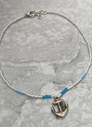 Чокер белый морской якорь море голубой синий чекер из бисера подвеска кулон украшение намисто