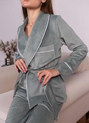 Жіночий костюм для будинку укорочений халат і штани, комплект шаль, плюшева піжама4 фото