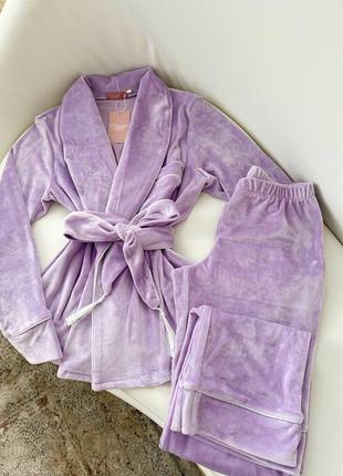 Женский костюм для дома укороченный халат и штаны, комплект шаль, плюшевая пижама