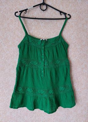 Зелена блуза на бретелях майка топ зелена мереживо