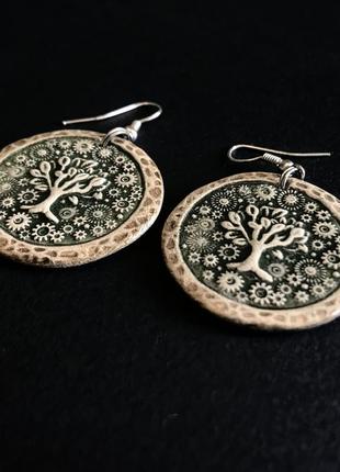 Сакральні керамічні сережки ручної роботи  «древо життя»4 фото