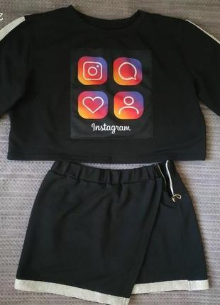 Стильний костюм дівчинці instagram укорочений топ і спідниця-шорти 140-150см