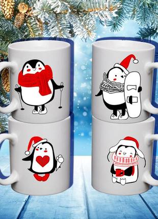 Семейные белые чашки (кружки) с принтом "пингвины. зима"1 фото