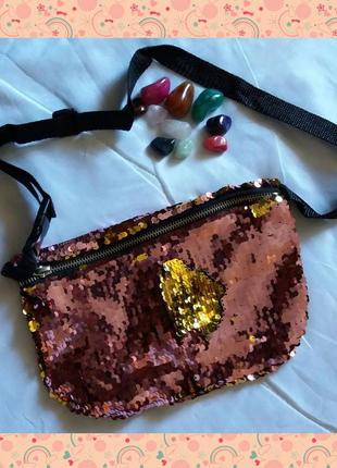 Двоколірна сумочка в паєтках-перевертышах (рожева з золотими)3 фото
