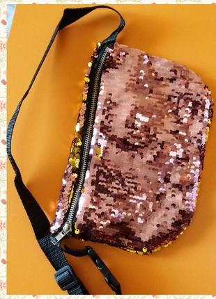 Двоколірна сумочка в паєтках-перевертышах (рожева з золотими)7 фото