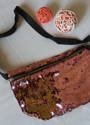 Двоколірна сумочка в паєтках-перевертышах (рожева з золотими)10 фото
