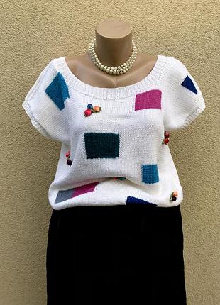 Вінтаж,біла,трикотаж блуза,реглан,футболка,реглан,аплікація квіти,hand made