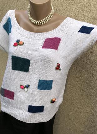 Вінтаж,біла,трикотаж блуза,реглан,футболка,реглан,аплікація квіти,hand made5 фото