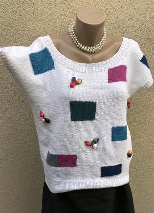 Вінтаж,біла,трикотаж блуза,реглан,футболка,реглан,аплікація квіти,hand made8 фото