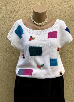 Вінтаж,біла,трикотаж блуза,реглан,футболка,реглан,аплікація квіти,hand made10 фото
