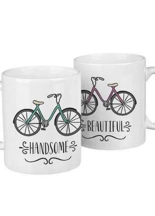 Парні білі чашки (кухлі) з принтом "велосипеди"