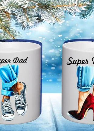Парные белые чашки (кружки) с принтом "супер папа. супер мама"
