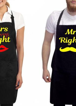 Парные фартуки с принтом "mr. right. mrs. always right" (желтые надписи)