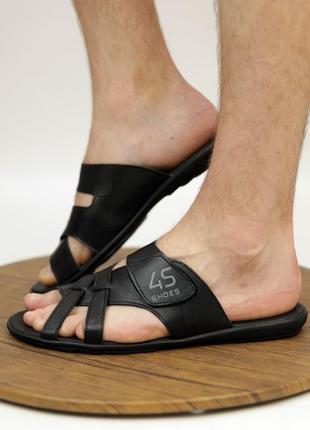Шльопанці чоловічі чорні шкіряні (шльопанці,сланці з натуральної шкіри чорного кольору) - чоловіче взуття на літо 2022