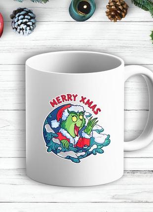 Біла кружка (чашка) з новорічним принтом грінч (the grinch) "marry xmas"
