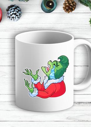 Белая кружка (чашка) с новогодним принтом гринч (the grinch) плачет