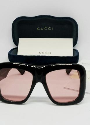 Очки в стиле gucci gg 0498  женские солнцезащитные большие массивные линзы розово бежевые в чёрной оправе2 фото