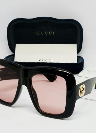 Очки в стиле gucci gg 0498  женские солнцезащитные большие массивные линзы розово бежевые в чёрной оправе