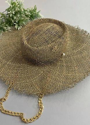 Летняя шляпа канотье с цепью и булавкой из водорослей с круглой тульей2 фото