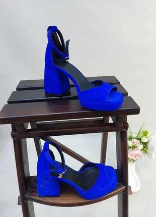 Эксклюзивные босоножки женские натуральная итальянская кожа и замша электрик синие4 фото
