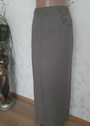 Натуральная юбка миди макси карманы высокая посадка цвет оливы10 фото