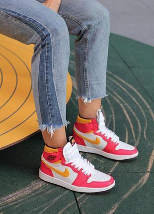 Женские высокие кожаные кроссовки nike air jordan 1 retro high og light fusion red#найк
