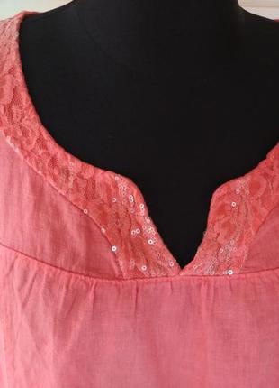 Фірмова італійська блуза льняна розшита паєтками ніжного лососевого кольору5 фото