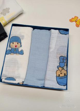 Льняні тонкі пелюшки для хлопчика pocoyo. в упаковці 3 штуки. розмір 70*70 див. 100% передплата, дос