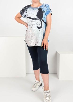 Стильний літній костюм футболка туніка з малюнком шорти жіночі легінси велосипедки батал великий розмір