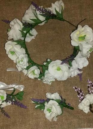 Комплект еустома лаванда фрезії весільні прикраси біло-фіолетова весілля1 фото