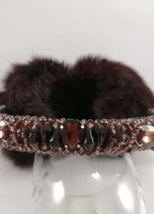 Меховые наушники с хрустальными бусинами корона зимние наушники натуральный мех стиль дольче  габбана вишневые