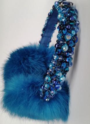 Хутряні навушники з кришталевими намистинами корона зимові навушники натуральне хутро стиль дольче габана сині6 фото