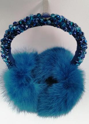 Хутряні навушники з кришталевими намистинами корона зимові навушники натуральне хутро стиль дольче габана сині