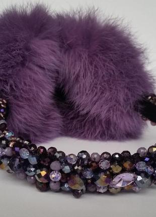 Меховые наушники с хрустальными бусинами корона зимние ушки стиль дольче  габбана фиолетовый1 фото