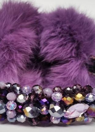 Меховые наушники с хрустальными бусинами корона зимние ушки стиль дольче  габбана фиолетовый3 фото