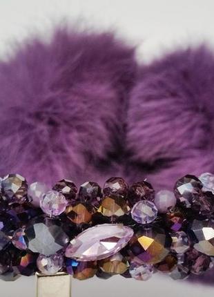 Меховые наушники с хрустальными бусинами корона зимние ушки стиль дольче  габбана фиолетовый8 фото