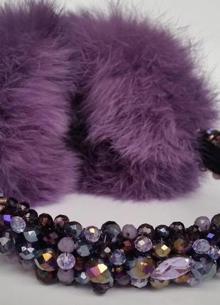 Меховые наушники с хрустальными бусинами корона зимние ушки стиль дольче  габбана фиолетовый2 фото