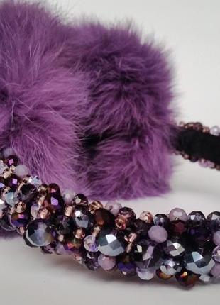 Меховые наушники с хрустальными бусинами корона зимние ушки стиль дольче  габбана фиолетовый6 фото