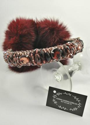Меховые наушники с хрустальными бусинами корона зимние наушники натуральный мех стиль дольче  габбана вишневые1 фото