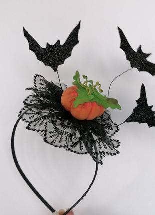Обруч хелловін летюча миша і гарбуз. ободок з летючими мишами. прикраса на хелловін оздоба halloween.2 фото