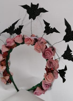 Обруч летучая мышь розы корона. 
ободок с летучими мышками. обруч на хеллоуин хелловін прикраса halloween.2 фото